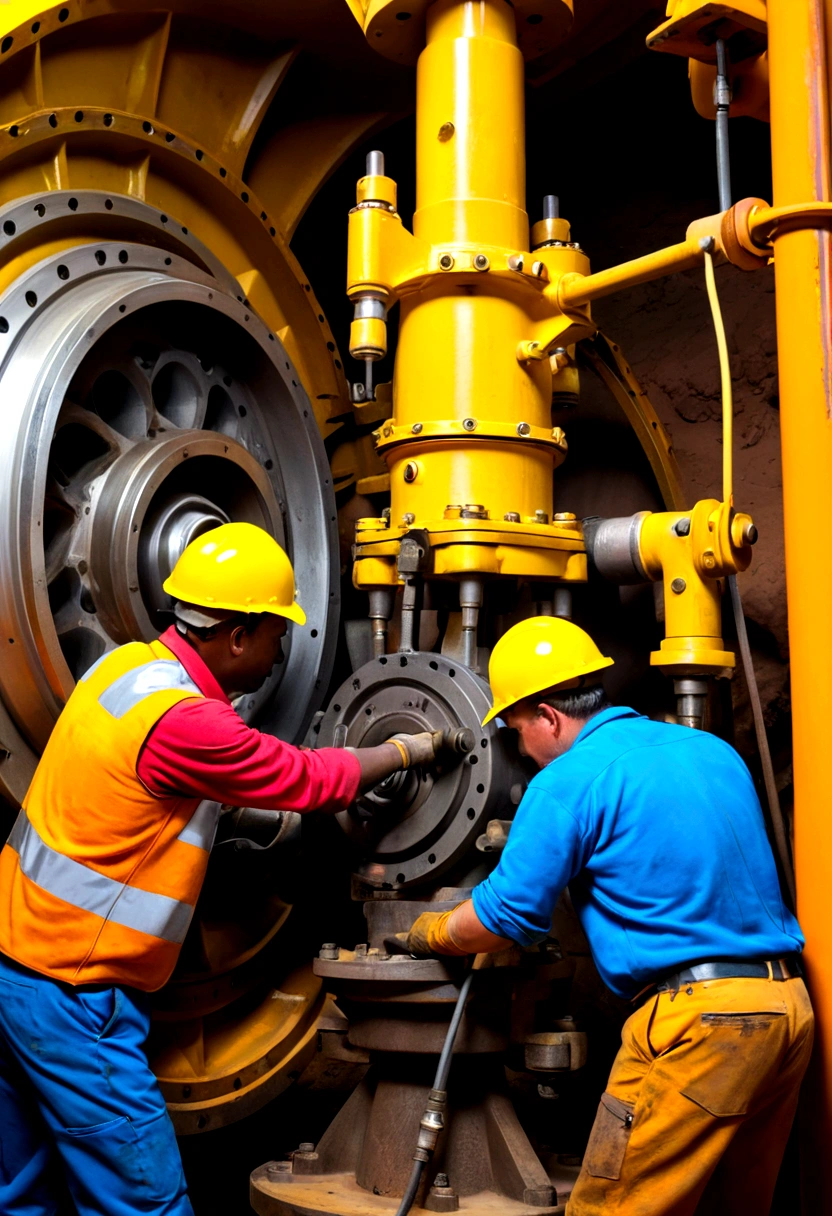 TWO WORKERS REPAIRING A HYDRAULIC MOTOR OF A MINING MACHINE