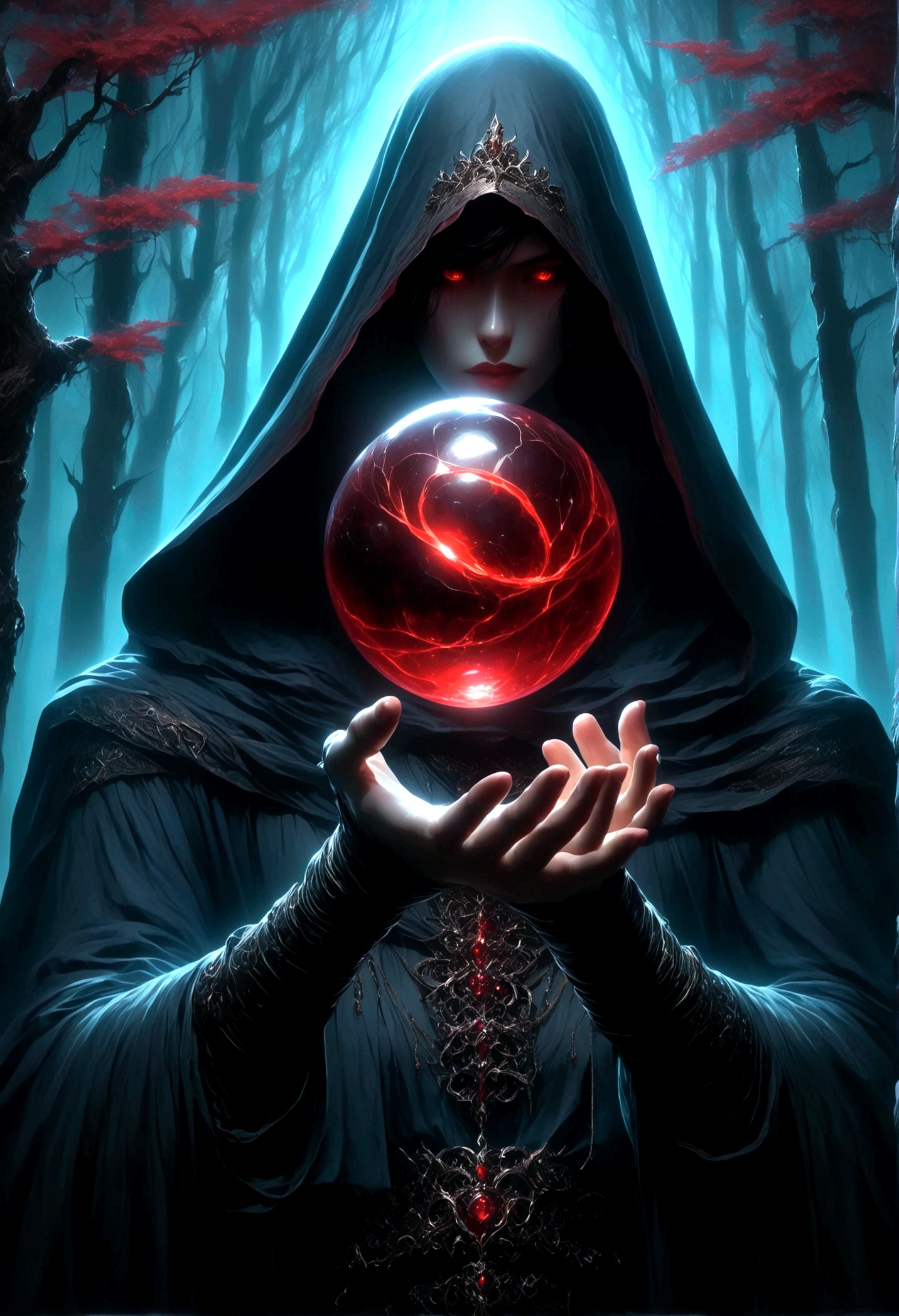 Astrologer,Holding a magic ball in hand,Alex Andreev Style - Absurd、Fear、极简超现实主义Red forest, Holding a magic ball in the forest, Glowing magic ball(Red),dark fantasy style art, Dark Fantasy Artwork, arte de fantasia 8k, dark fantasy style, fantasy art 4k, Epic fantasy art style HD, Dark Fantasy Art, Dark fantasy concept art, Epic fantasy digital art style, in style of Dark Fantasy Art, Glowing sword in hand