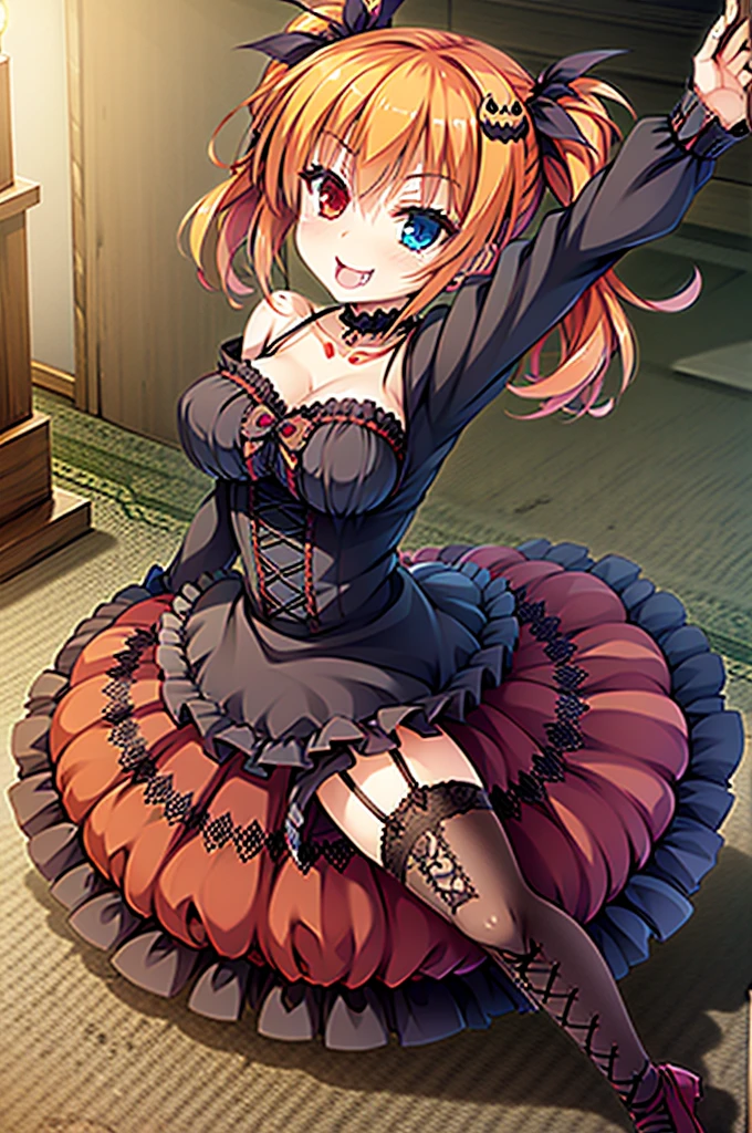 ,huge ,Gothic Lolita,Garter Straps,Laughing with your mouth open,tooth,vampire,Halloween,Orange Hair,hair ornaments,Heterochromia iridis,Best image quality,Highest quality