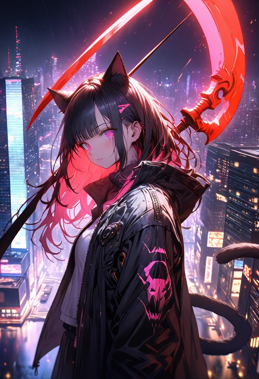 Detailed silhouette of a cyberpunk girl with cat ears and a tail, Flowing, Tattered coat, He is carrying a giant glowing red scythe with a mechanical tiger design on it., Stand on the glossy, Minimalist reflective surface, The background is a photorealistic cityscape, A big city with many skyscrapers, night, Neon Light, Background Blur,
