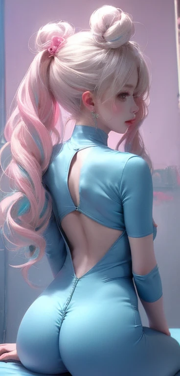Light blue and pink color scheme,Sexy girl nipples,,,White Curly Hair,From the back,