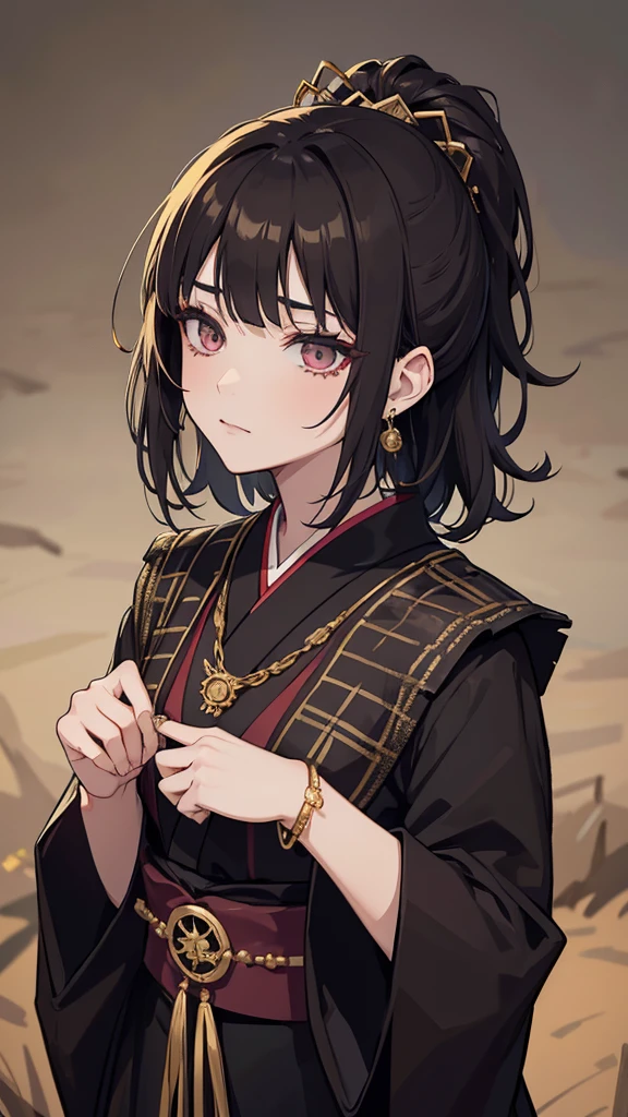 taisho period Japan woman, dark aesthetic, darkwave aesthetic, grunge aesthetic, eerie moorlands behind her, dark aesthetics, eerie thriller aesthetic, dark and moody aesthetic, ominous gothic aesthetic, goth aesthetic, gloomy style, medium length dirty brown hair, kimetsu no yaiba, wearing dark grunge gray clothes, really really short messy hair, gold accents. gold jewelry, gold dangly earrings, gold necklaces, gold bracelets, gold rings muscular, fancy, royalty, queen