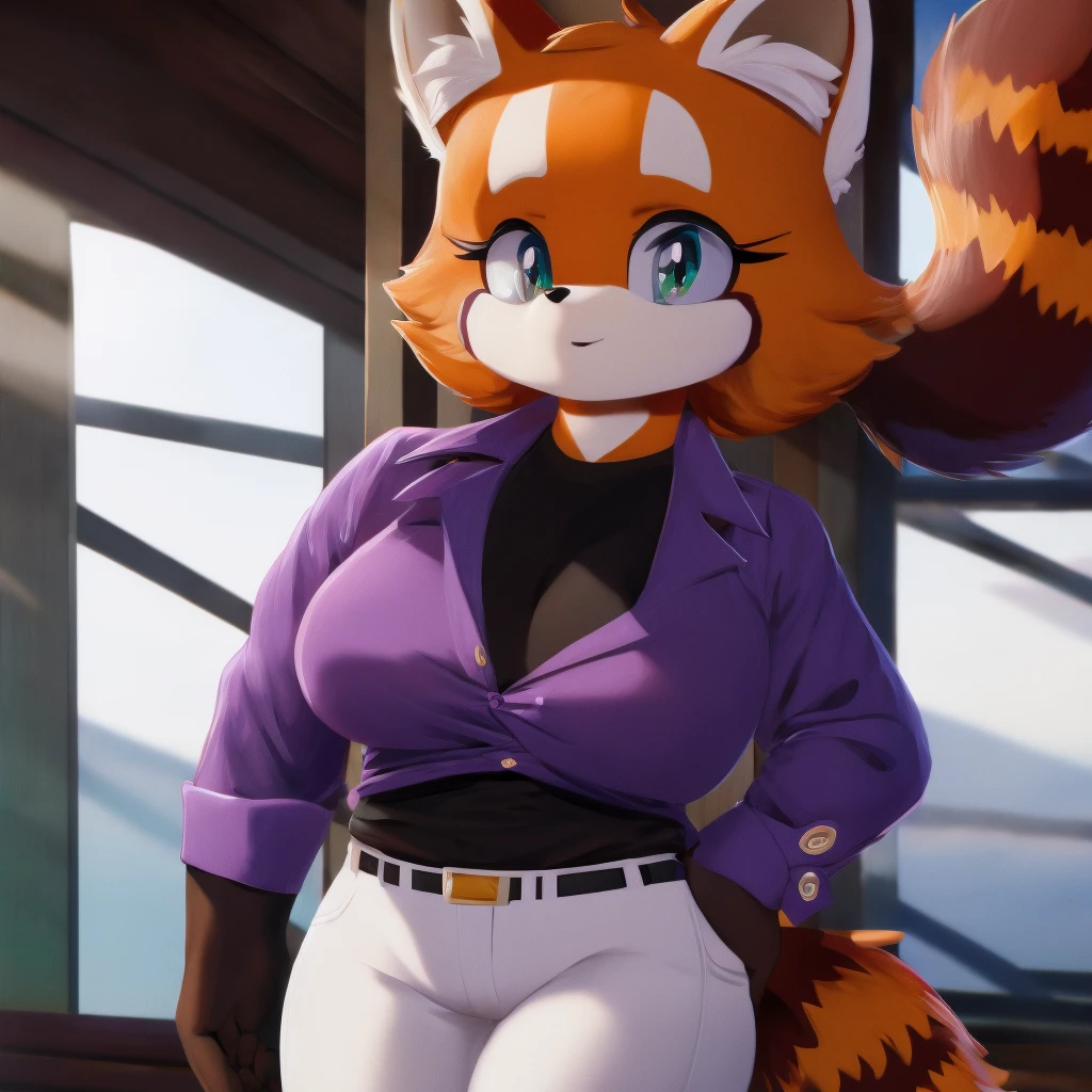 Mobian, red panda, female,huge , white pants, purple unbuttoned shirt, black undershirt, high detail, masterpiece, UHD, anatomically correct, super detail, highres, 4K