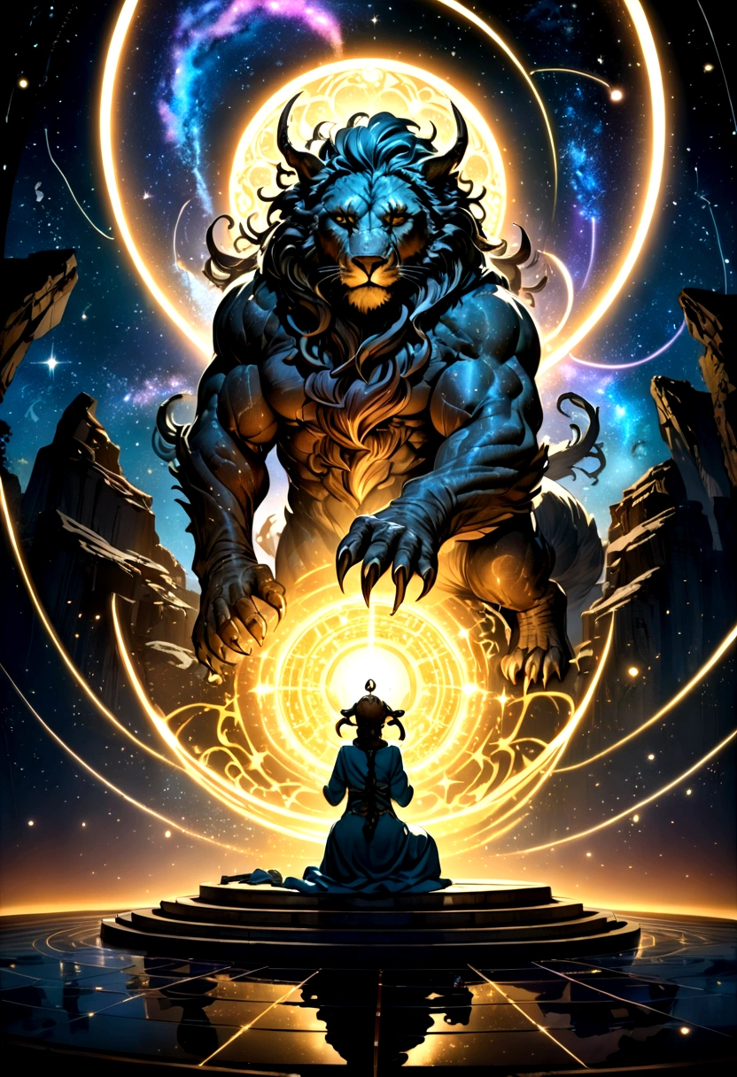 (Astrologer), An astrologer is interpreting fate on a complex star chart, with ancient runes and symbols next to it. The background is a flickering image of a galaxy, full body, (Photography), panoramic view, award-winning, cinematic still, emotional, vignette, dynamic, vivid, (masterpiece, best quality, Professional, perfect composition, very aesthetic, absurdres, ultra-detailed, intricate details:1.3)