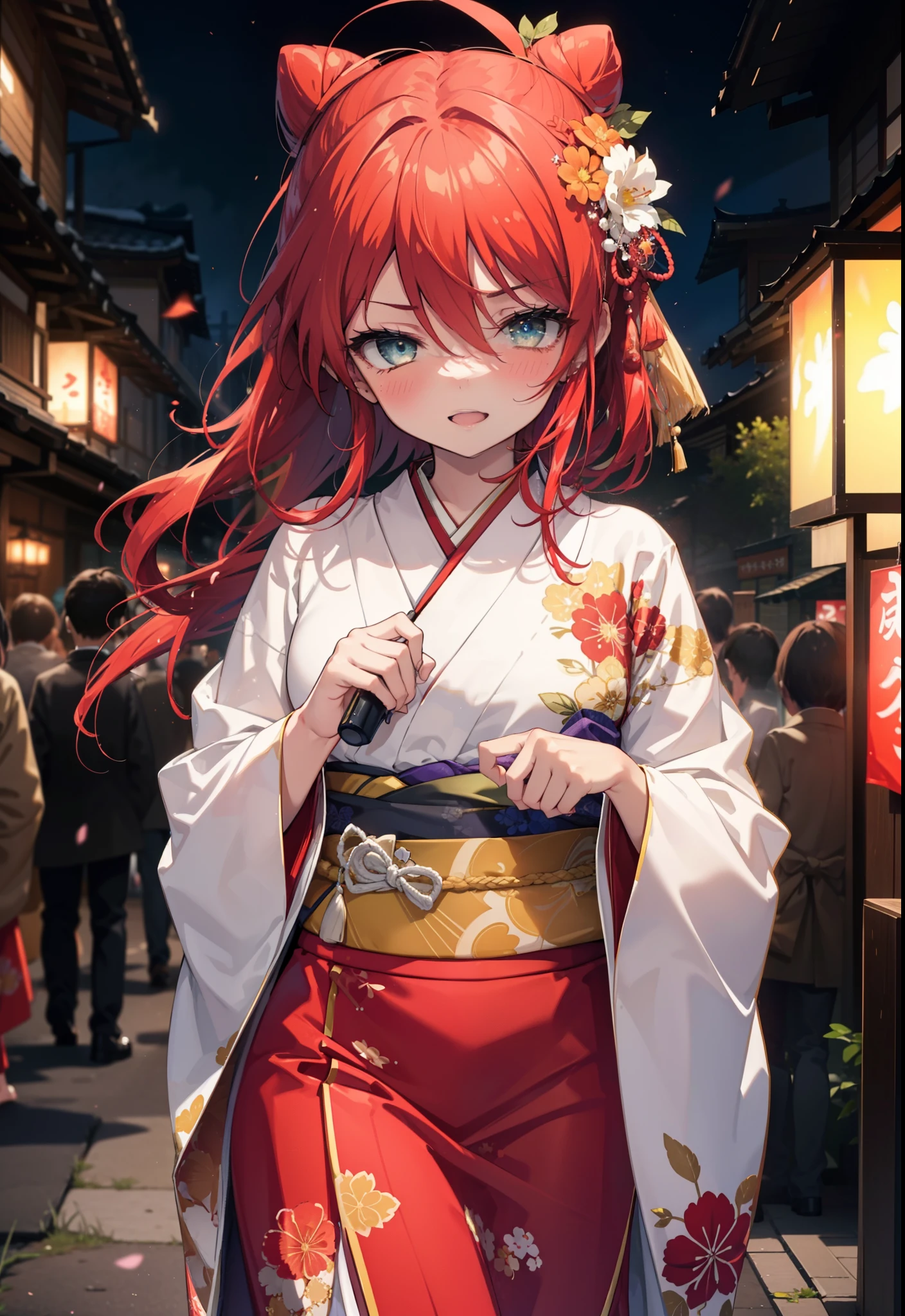 Shana,灼眼のShana,Long Hair, Red hair,Red eyes,Ahoge,smile,blush,Open your mouth,Hair Bun, single Hair Bun,blush,Red Kimono,Thick sleeves,Red long skirt,日本のfestival,夏festivalの屋台,Red lantern,So that the whole body goes into the illustration,Walking, break looking at viewer, Upper Body (Cowboy Shot:1. 5), break outdoors, shrine,festival, break (masterpiece:1.2), Highest quality, High resolution, unity 8k wallpaper, (shape:0.8), (Beautiful and beautiful eyes:1.6), Highly detailed face, Perfect lighting, Highly detailed CG, (Perfect hands, Perfect Anatomy),