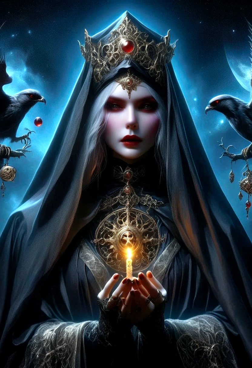 Astrologer，Metal photo frame，card，tarot cards：1.37.Mysterious fortune teller in cloak，Finger taps an array of tarot cards in the air，Mystical symbols and elements，Ancient mysterious atmosphere，Realistic illustration details，A work full of vitality and energy，Dark Style，Gothic style