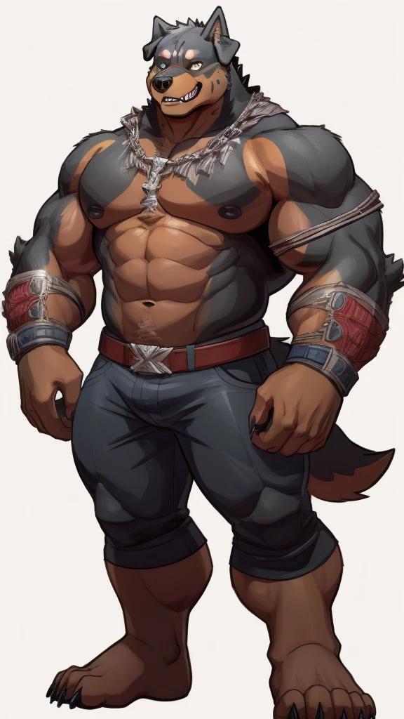 furry, (((rottweiler))), (((fusion with wolf))), wolf claws, beastman,  male, big body, muscular, full body, character concept art, simple background