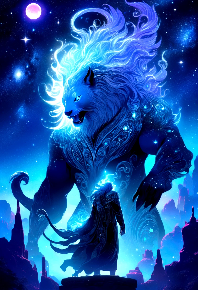 (Astrologer), An astrologer is interpreting fate on a complex star chart, with ancient runes and symbols next to it. The background is a flickering image of a galaxy, full body, (Photography), panoramic view, award-winning, cinematic still, emotional, vignette, dynamic, vivid, (masterpiece, best quality, Professional, perfect composition, very aesthetic, absurdres, ultra-detailed, intricate details:1.3)