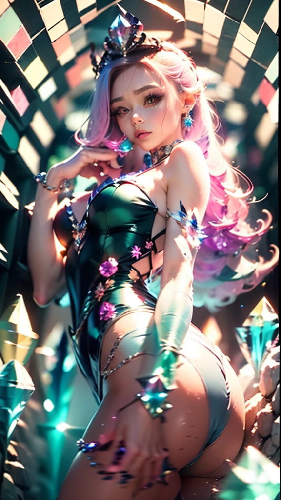 best quality,masterpiece,16k,1littlegirl, littlebaby bangs, bare shoulders, breasts, crown, crystal, dress, from side, gem,Colorful crystals,Crystal Headwear,There are many crystals on the clothes,Colorful gradient hair,Colorful Dress,Floating Colorful Crystal,Crystal on the body,Crystal necklace,Colorful crystal decoration,Crystal Girl, gradient hair, jewelry, long hair, makeup, medium breasts, multicolored hair, pink hair, solo, tiara