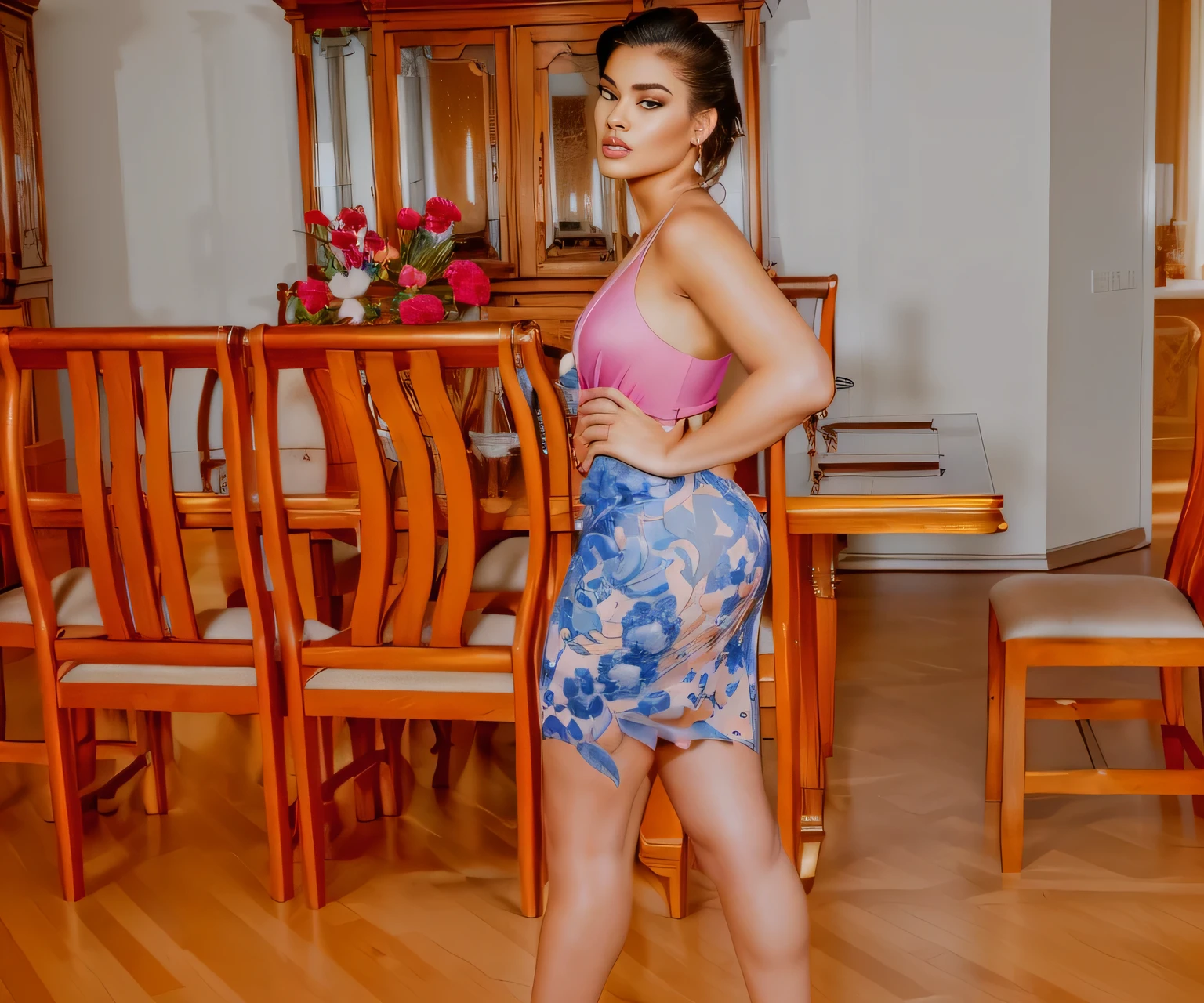 there is a woman standing in a room with a table and chairs, side shot, the extremely hot and sexy, from side, side pose, side portrait, full length view, full body length shot, looking from side, side profile shot, looking from side!, view from the back, side view, shot from the side, full body wide shot, from the side