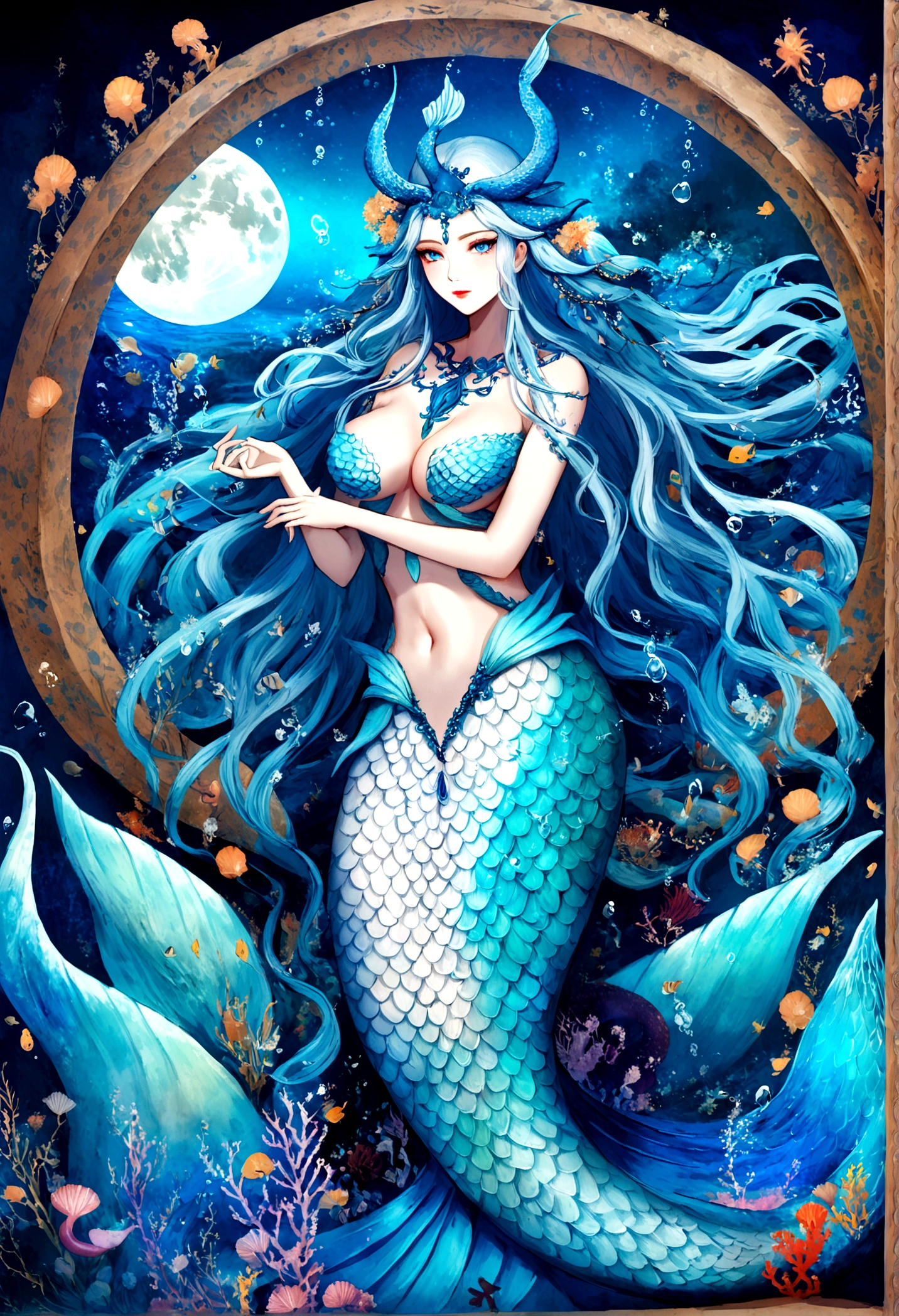 a painting of a Mermaid with long hair and a white dress, An extremely detailed painting by Yuumei, Pixif, Fantasy Art, beautiful Mermaid, Goddess of the sea, Ocean Goddess, Asian female water element, Mermaid, Blue scales cover her breasts, Lamia, Moon Goddess, portrait of Mermaid, Octopus Goddess, Mermaid body