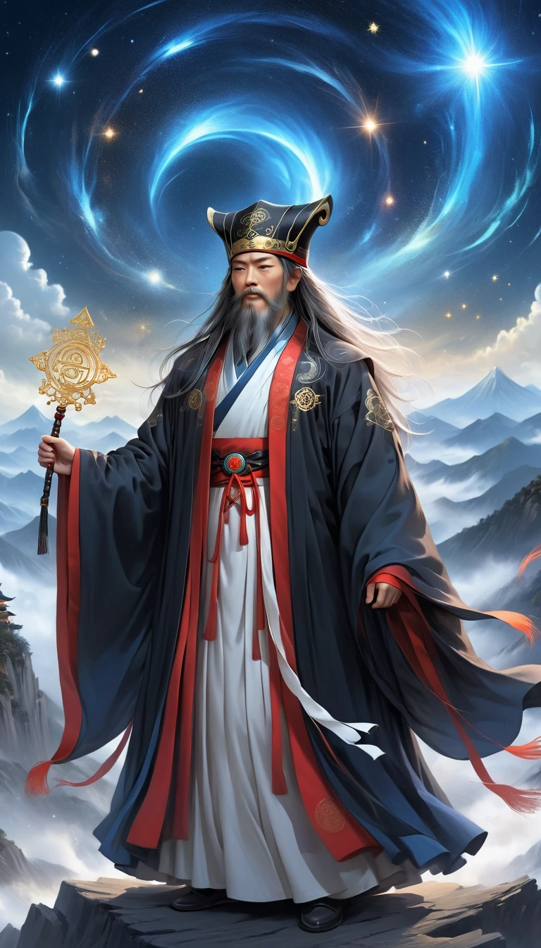 a wise old Chinese Taoist sorcerer in flowing black robe, long white beard and eyebrows, wearing a traditional scholar's hat, standing on a mountain peak gazing at the starry night sky, surrounded by glowing mystical runes and symbols, ethereal atmosphere, highly detailed, cinematic lighting, digital art, concept art, fantasy