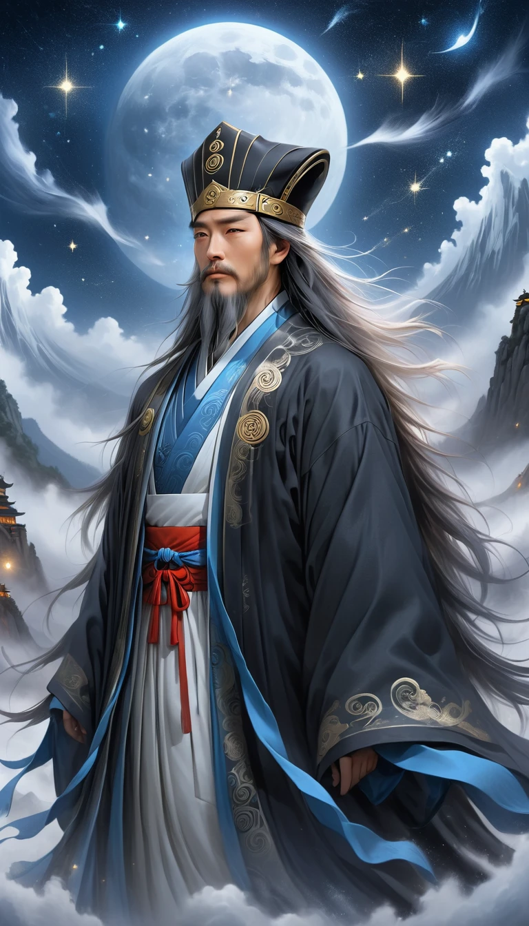 a wise old Chinese Taoist sorcerer in flowing black robe, long white beard and eyebrows, wearing a traditional scholar's hat, standing on a mountain peak gazing at the starry night sky, surrounded by glowing mystical runes and symbols, ethereal atmosphere, highly detailed, cinematic lighting, digital art, concept art, fantasy