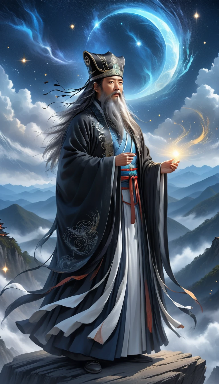 a wise old Chinese Taoist sorcerer in flowing black robe, long white beard and eyebrows, wearing a traditional scholar's hat, standing on a mountain peak gazing at the starry night sky, surrounded by glowing mystical runes and symbols, ethereal atmosphere, highly detailed, cinematic lighting, digital art, concept art, fantasy