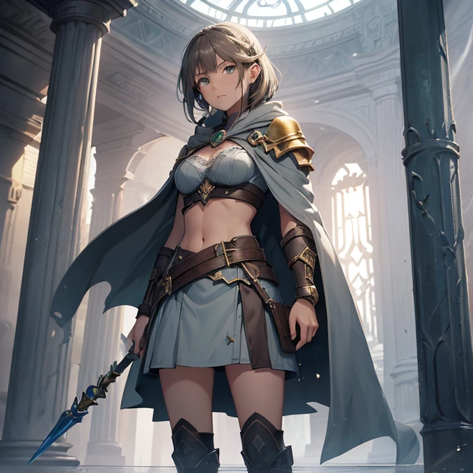 (absurdres, best high quality image, carefuly detailed features and textures, very detailed image, solo character alone, full character body and design, warcraft-aesthetic): {{(1character: 14 years old human mage girl), (fair skin, medium straight light brown hair, green eyes, medium breasts, nice body), (light blue bra, golden shoulder platea, grey cloak light blue short skirt, brown short boots), (grey steel scepter), (calm happy smile, relaxed expression), (modern human british city)}}