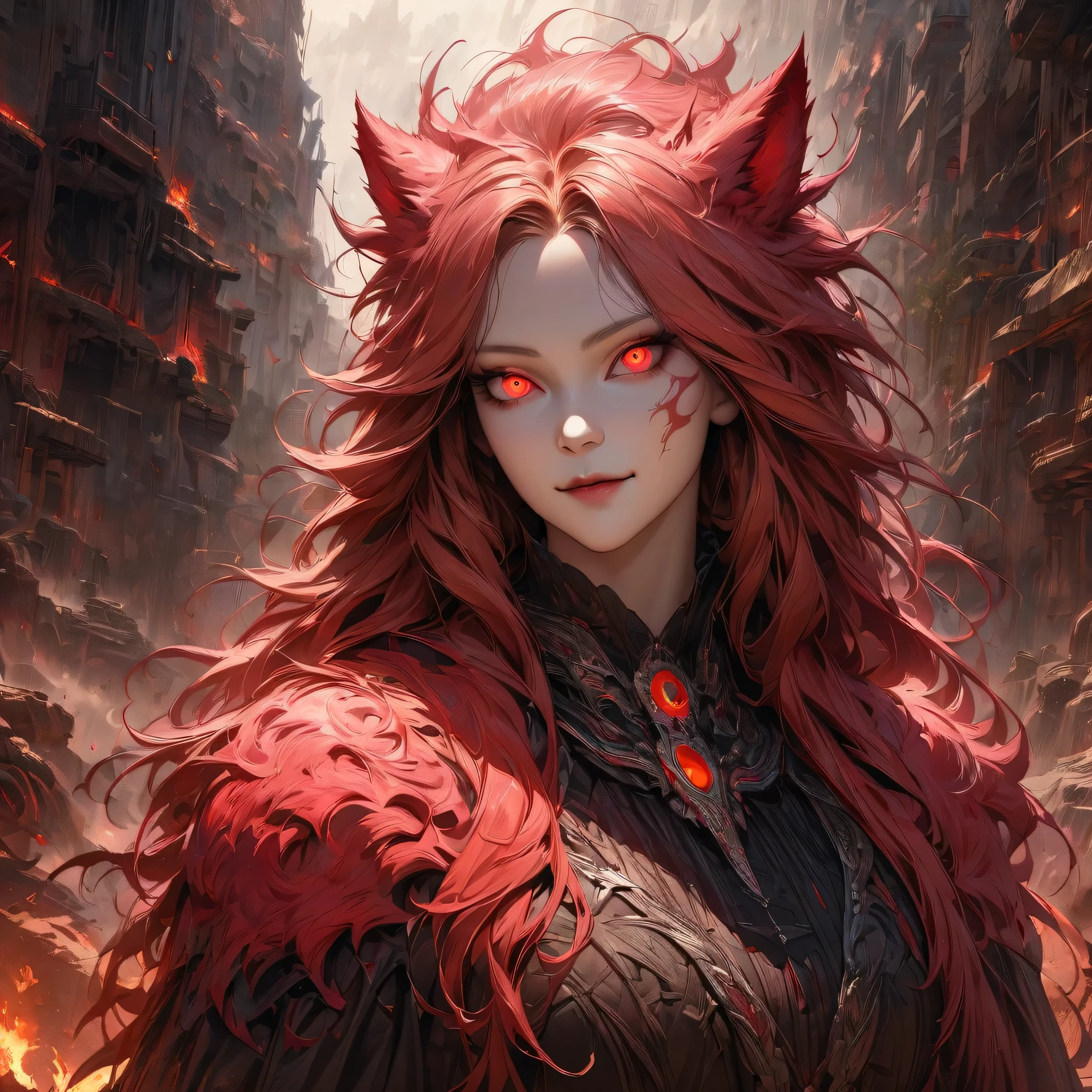 Walk in an apocalypse setting, [Best quality, shaded, extreme details, very detailed, ultra detailed, complex, realistic, perfect face], fenrir woman, thick fur, long hair, (flaming red colored fur), almond shaped eyes, discreet smile, serene face, wears a brooch around his neck, demon style clothing.