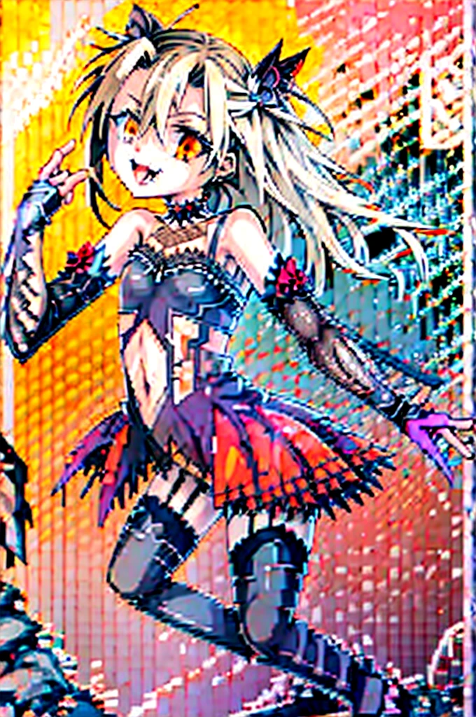 ,huge ,Gothic Lolita,Garter Straps,Laughing with your mouth open,tooth,vampire,Halloween,Orange Hair,hair ornaments,Heterochromia iridis,Best image quality,Highest quality