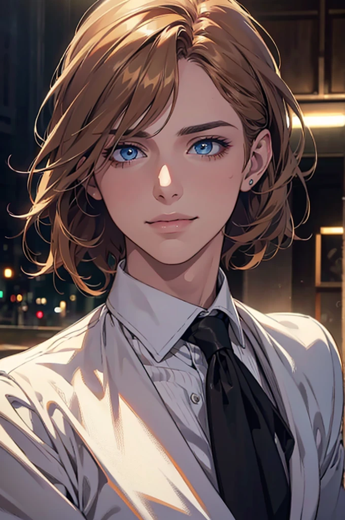a CEO man with brown hair and blue eyes smiling in love, a man with blond hair behind him, dark empty background, cinematic lighting, hyper realistic, 8k, extremely detailed, (best quality,4k,8k,highres,masterpiece:1.2),ultra-detailed,(realistic,photorealistic,photo-realistic:1.37),HDR,studio lighting,physically-based rendering,vivid colors