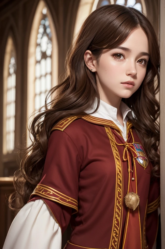A female character with white skin, wavy brown hair, light brown eyes and a Gryffindor Hogwarts uniform 