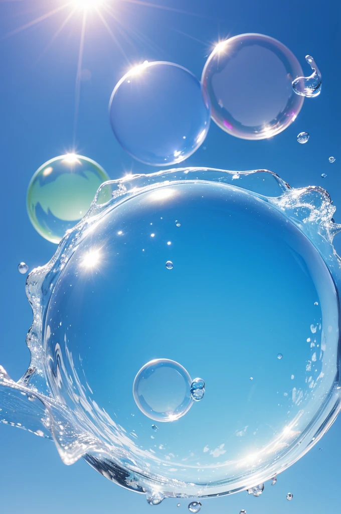 Several large and medium soap bubbles close together, on a blue sky background, what needs to appear are the soap bubbles.