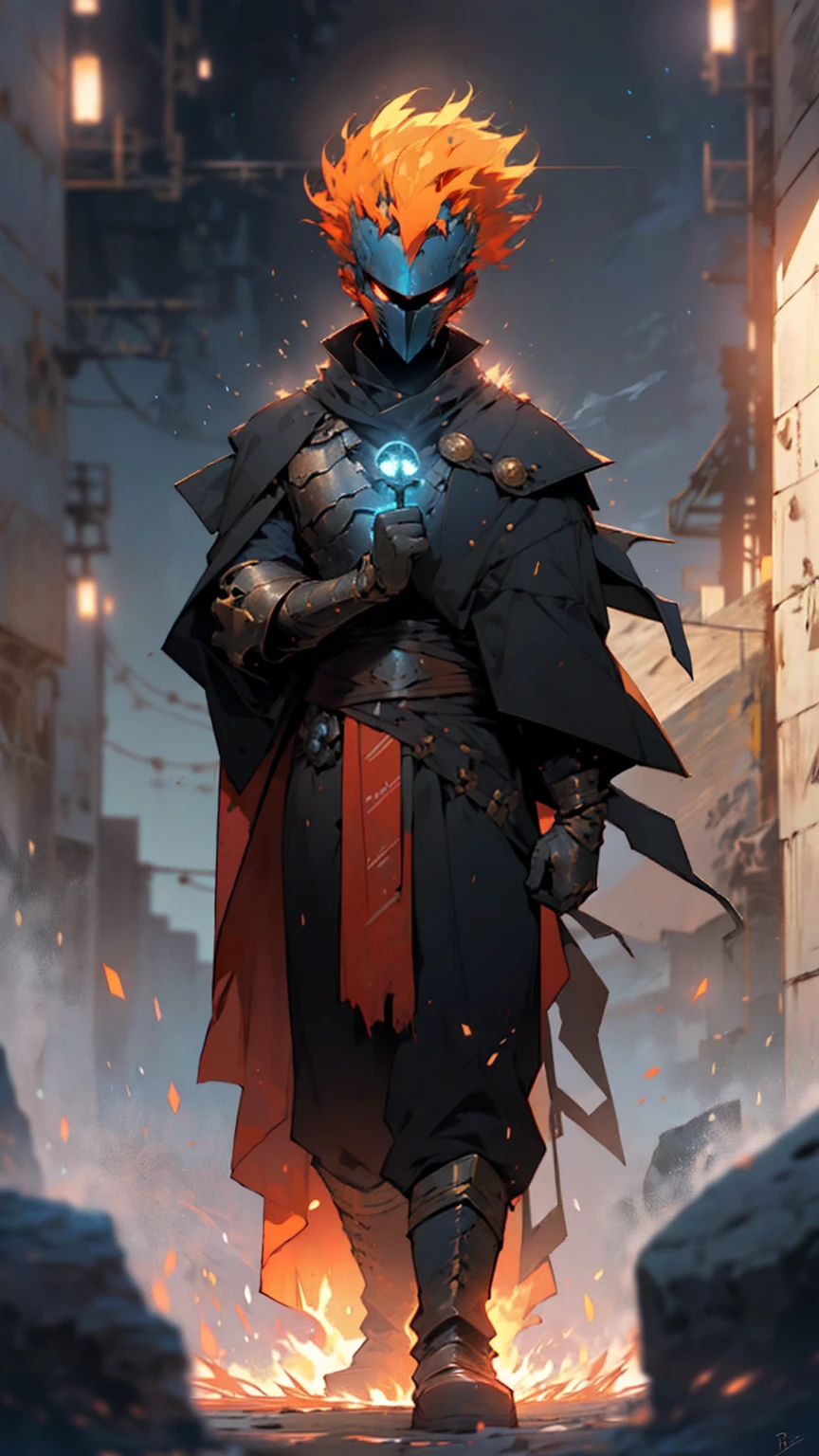 ((best quality)), ((masterpiece: 1.2)), (extremely detailed: 1.1), (8k, high quality, cinematic, hyper-realistic, illustration), (autodesk maya, octane render, unreal engine, game character , tracing ray, hdr), (16mm focal length, f/4 aperture, dynamic perspective, deep depth of field), (1 boy, dynamic angle, casting pose.fire knight, short hair that shines like plasma, steel weave clothing, lava gloves, heavy boots, underlying burning chest, desert tundra, crumbling stone sculptures around you), 3d, realistic, CG, 3D model, beautiful, elegant, safe (hdri, bloom, edge lighting , soft lighting, discreet). , zhongfenghua, badass\(armor\) mage robe, alo of blue flames, mage_glam, caftan