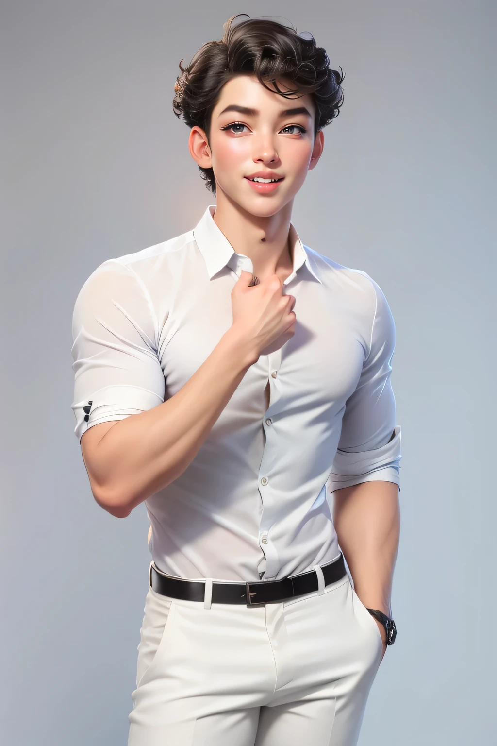 1 man (25yo) , , sexy pose, naugthy face, , curly hairstyle, , seductive smile, white shirt, short pants, gray background