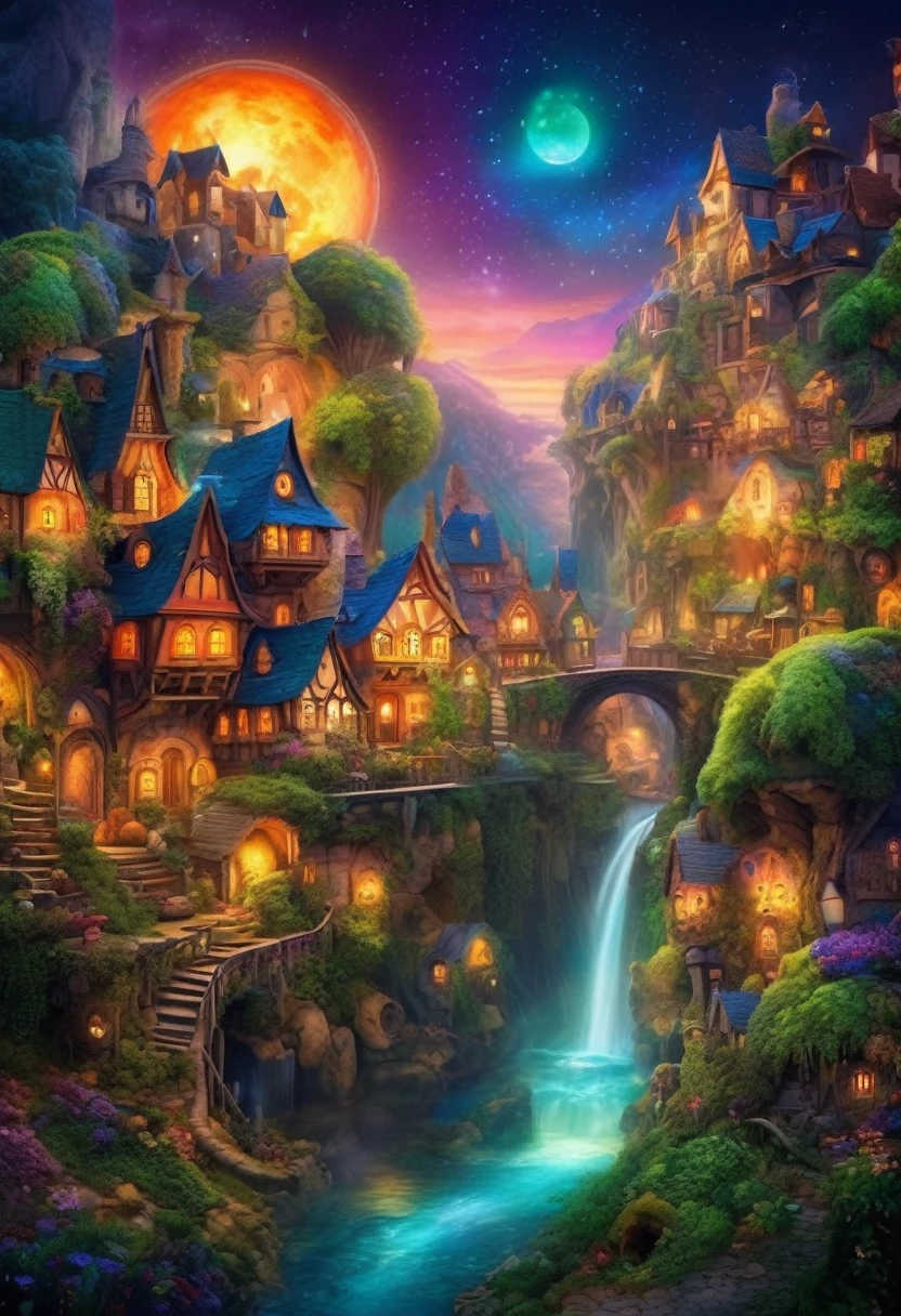 magical combine village, Magic Town , combine, charming,glowing orbs, ethereal mist,hint of mystery, dreamlike, combinetale-like, vibrant colors, soft lighting, magical creatures,Cobbled streets, ivy covered cabins, enchanted Forest, whimsical architecture, sparkling waterfalls, mystical atmosphere, mystical creatures, twinkling stars, moonlit skies, otherworldly beauty, surreal landscapes, mystical energy