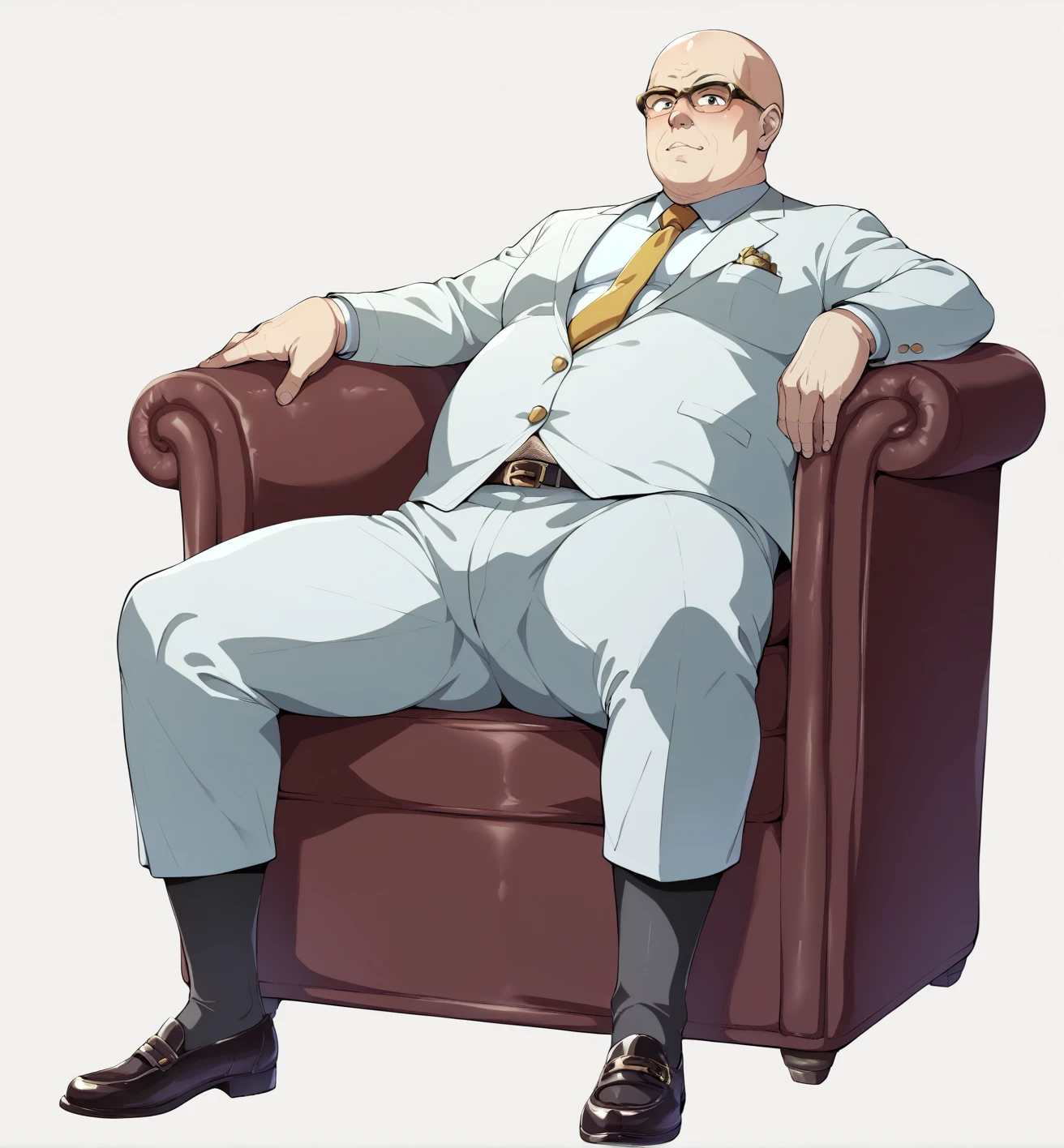 Ultra-detailed illustrations、Ultra-precise expression、masterpiece、Highest quality、ultra High resolution、High resolution、Hiromitsu Takeda Style、White background、Simple Background、sit、whole body、Luxurious sofa、Bulging crotch、Big crotch、White Suit、Black socks、One fat old man、Bald Head、No Face、solo、Leather shoes、Gold tie、