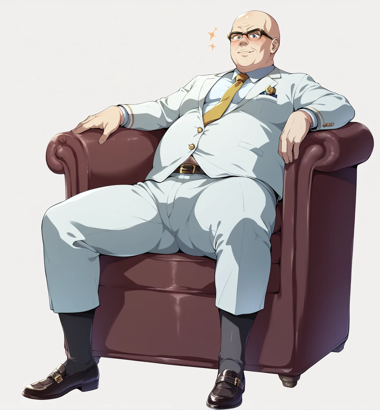 Ultra-detailed illustrations、Ultra-precise expression、masterpiece、Highest quality、ultra High resolution、High resolution、Hiromitsu Takeda Style、White background、Simple Background、sit、whole body、Luxurious sofa、Bulging crotch、Big crotch、White Suit、Black socks、One fat old man、Bald Head、No Face、solo、Leather shoes、Gold tie、
