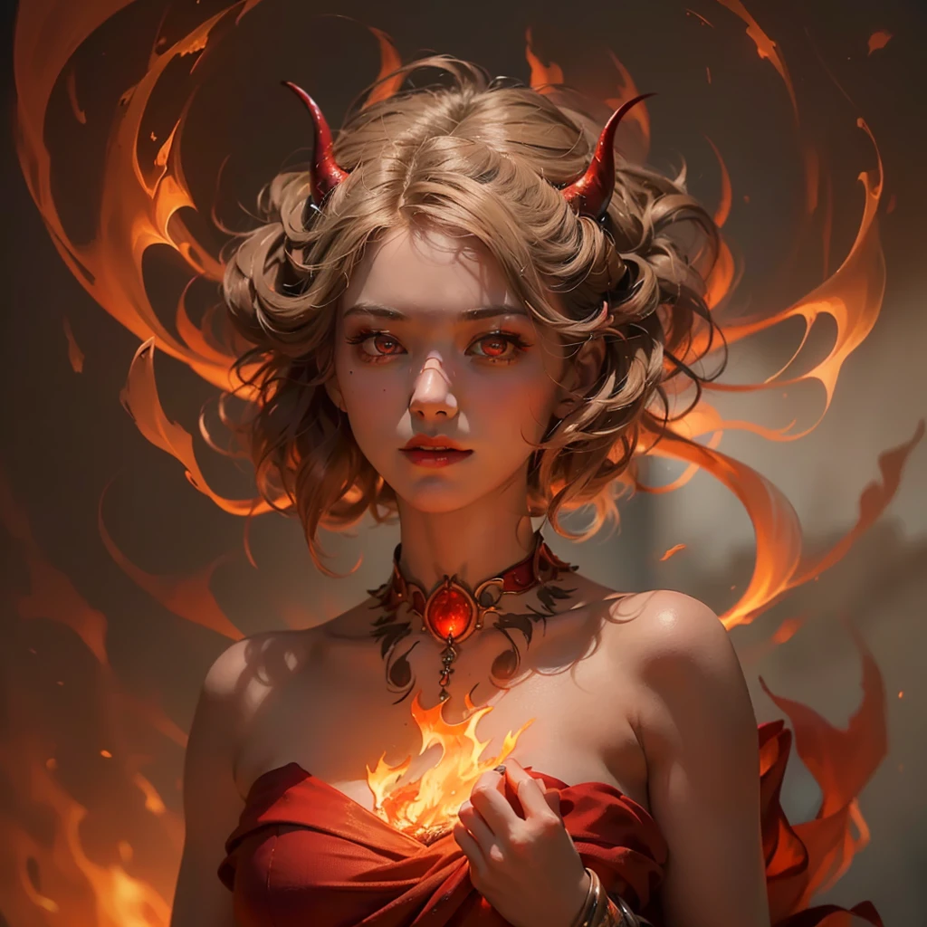 (Numerous award-winning masterpieces, incredibly detailed, Texture and maximum detail), (hyper realistic:1.4), (realistic:1.3), (Top quality real textured skin), (Detailed circular symmetrical eyes), A face depicted in detail, ((medieval world)), (full body portrait:1.6), ((The Flame of the Lord The Devil)), ((The Devil, the Lord's Hellfire)), (Eyes like brightly burning ice), (Full body standing image:1.6), (She has a mischievous smile on her face), (eyes glowing red in the dark:1.5), (A pair of red eyes with intense red light radiating from within.:1.5), (Full body standing image:1.5), (배경에서 swirling flames과 불꽃), (dramatic light), (a majestic sight), (Her face is gentle and beautiful, But it's somehow scary), glass earrings for ears, (dramatic photo:1.4), (gives Full body standing image:1.5), ((dramatic pose)), (golden hair), (silver hair), (Chestnut fur), Short hair, ((I look up)), ((looking down)), (Around her neck hangs a simple necklace with exquisite workmanship..), (Bio-luminescence with brilliant light:1.3), (Use gorgeous fire magic:1.2), (swirling flames), Devil's Crusade, Devil's Crusade, big temple, cathedral, temple ruins, separate temple, (shining magic circle), ancient castle ruins, Shining majestic cloud clumps and sky, wildfire, epic realistic, withered, Art, (Greg Rutkowski:0.8), (turquoise and orange:0.4), (Art station:1.5), cinematic, ((neutral color)), (HDR:1.5), (muted colors:1.2), very detailed, dramatic light, (intricate details:1.1), complex background,