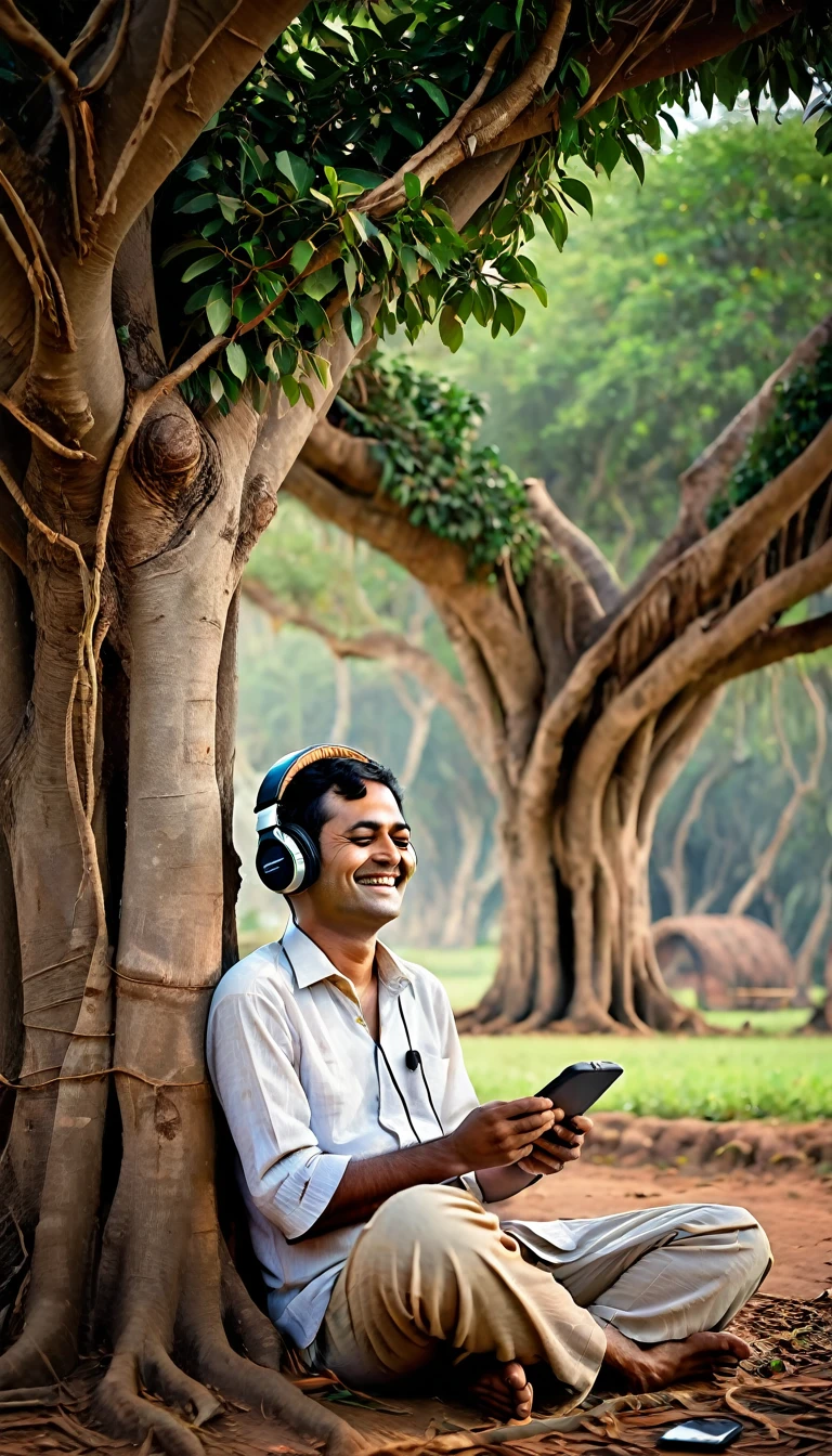 In an 1800 rural Indian village, a man wearing Bose headphones sits under a banyan tree, eyes closed, and a serene smile on his face as he enjoys the music flowing into his ears, anachronistically merging past and present.