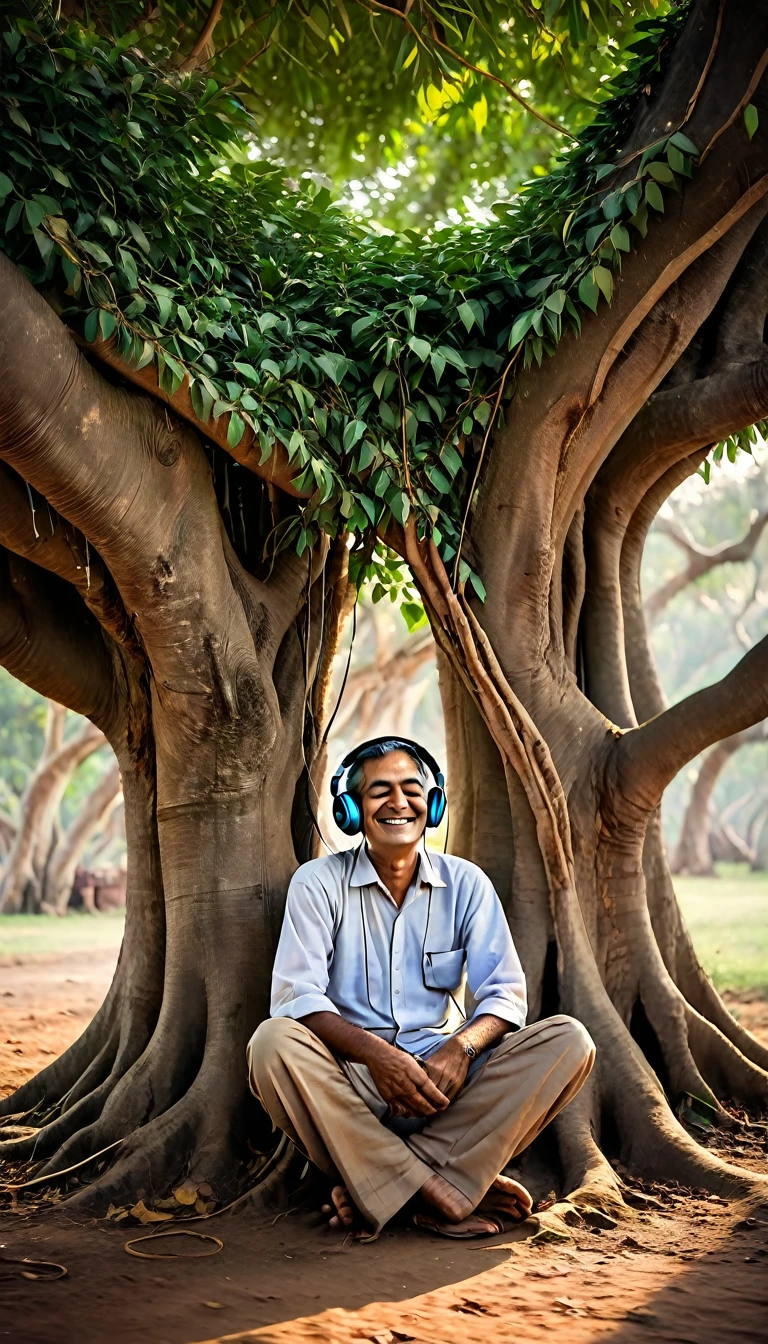 In an 1800 rural Indian village, a man wearing Bose headphones sits under a banyan tree, eyes closed, and a serene smile on his face as he enjoys the music flowing into his ears, anachronistically merging past and present.