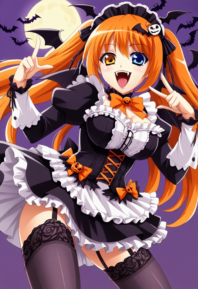 ,huge ,Gothic Lolita,Garter Straps,Laughing with your mouth open,tooth,vampire,Halloween,Orange Hair,hair ornaments,Heterochromia iridis,Best image quality,Highest quality