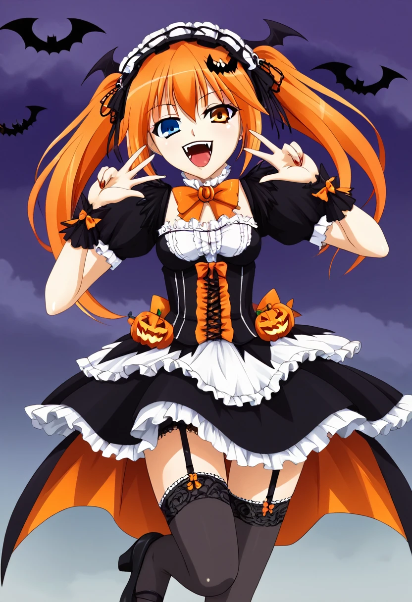 ,huge ,Gothic ta,Garter Straps,Laughing with your mouth open,tooth,vampire,Halloween,Orange Hair,hair ornaments,Heterochromia iridis,Best image quality,Highest quality