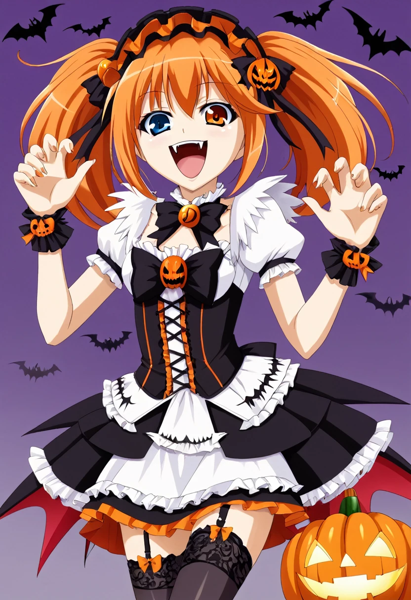 ,huge ,Gothic ta,Garter Straps,Laughing with your mouth open,tooth,vampire,Halloween,Orange Hair,hair ornaments,Heterochromia iridis,Best image quality,Highest quality