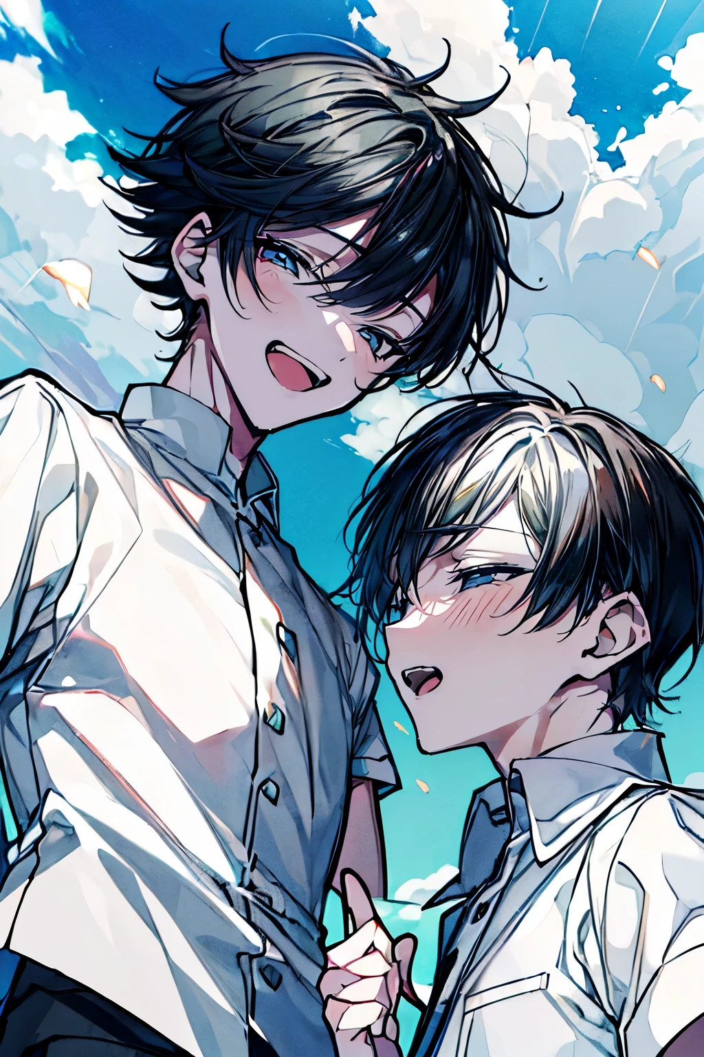 (Mastepiece), (Best Quality), Very detailed, (Two friendly boys:1.5),Shooting from below、Solo Shooting,Perfect Face, Beautiful Face, Very detailed顔,(1 boy with black hair:1.3),(One boy with white hair:1.3)、(short hair:1.3)、(Happy Face:1.4),(Laughing with your mouth open:1.3),(Short-sleeved white shirt:1.4)、(Windになびく髪:1.uth:1.3)、The atmosphere that seems to disappear,(blue sky_cumulonimbus)、summer、ephemeral、Sweat、Wind、sunlight