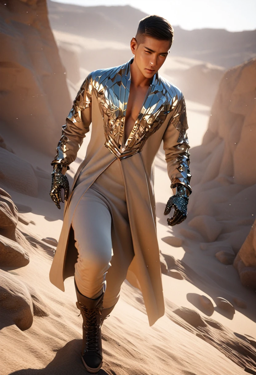 ((best quality)), ((masterpiece: 1.2)), (extremely detailed: 1.1), (8k, high quality, cinematic, hyper-realistic, illustration), (autodesk maya, octane render, unreal engine, game character , tracing ray, hdr), (16mm focal length, f/4 aperture, dynamic perspective, deep depth of field), (1 boy, dynamic angle, casting pose.fire knight, short hair that shines like plasma, steel weave clothing, lava gloves, heavy boots, underlying burning chest, desert tundra, crumbling stone sculptures around you), 3d, realistic, CG, 3D model, beautiful, elegant, safe (hdri, bloom, edge lighting , soft lighting, discreet).  , zhongfenghua, badass\(armor\) mage robe, alo of blue flames, mage_glam, caftan