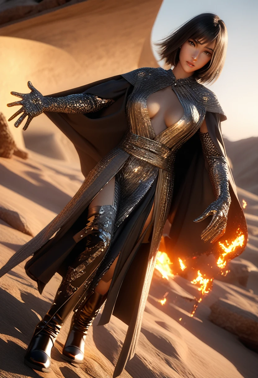 ((best quality)), ((masterpiece: 1.2)), (extremely detailed: 1.1), (8k, high quality, cinematic, hyper-realistic, illustration), (autodesk maya, octane render, unreal engine, game character , tracing ray, hdr), (16mm focal length, f/4 aperture, dynamic perspective, deep depth of field), (1 boy, dynamic angle, casting pose.fire knight, short hair that shines like plasma, steel weave clothing, lava gloves, heavy boots, underlying burning chest, desert tundra, crumbling stone sculptures around you), 3d, realistic, CG, 3D model, beautiful, elegant, safe (hdri, bloom, edge lighting , soft lighting, discreet). , zhongfenghua, badass\(armor\) mage robe, alo of blue flames, mage_glam, caftan