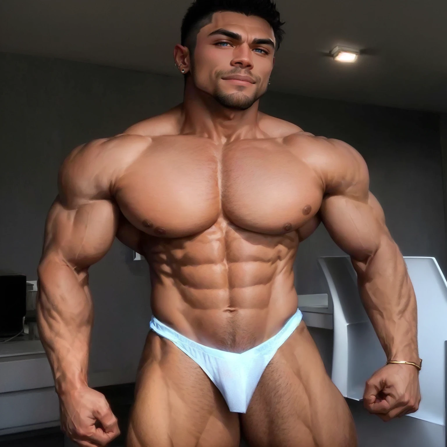  Full body topless of handsome Alpha hunk with big muscle, arrogant, affected smile, Cowboys, huge chest of muscular man, Komang Arnawa indio culturista de peso pesado musculoso, street, light, male focus, bulging and massive pectoral muscle, large pectorals, standing, seen from above, wide shoulders, big biceps, barba, ear piercing, Blue eyes, looking at the viewer, backside , lean but muscular, muscular build, strong and imposing, very muscular, super buff and cool, very beautiful. big muscles, lean and muscular, muscular!!, alex miranda