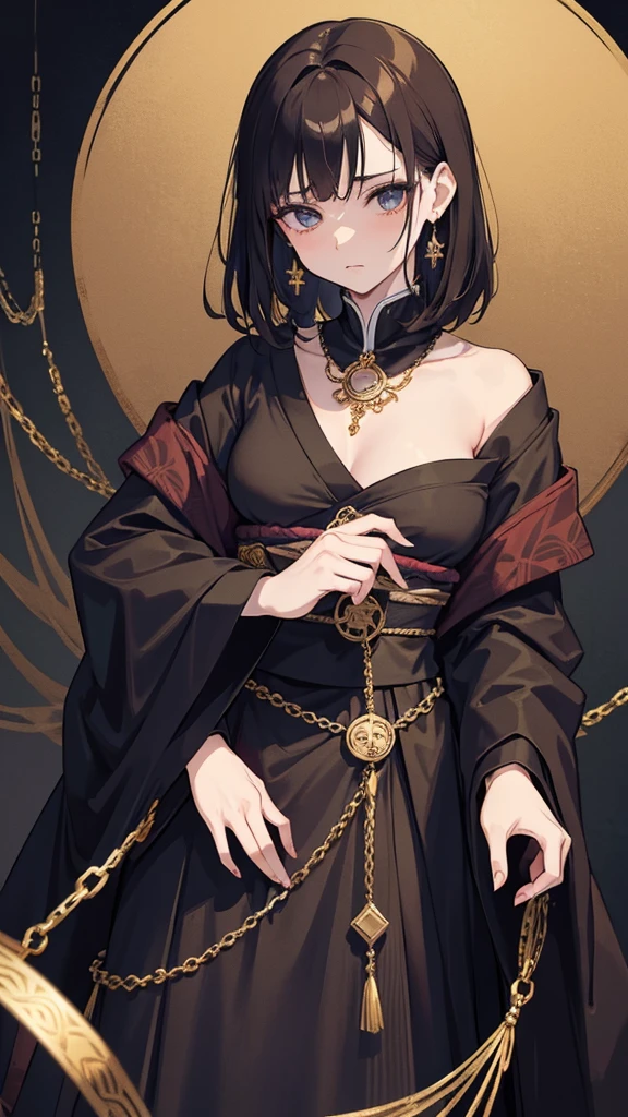 taisho period Japan woman, dark aesthetic, darkwave aesthetic, grunge aesthetic, eerie moorlands behind her, dark aesthetics, eerie thriller aesthetic, dark and moody aesthetic, ominous gothic aesthetic, goth aesthetic, gloomy style, medium length dirty brown hair, kimetsu no yaiba, wearing dark grunge gray clothes, really really short messy hair, gold accents. gold jewelry, gold dangly earrings, gold necklaces, gold bracelets, gold rings muscular, fancy, royalty, queen