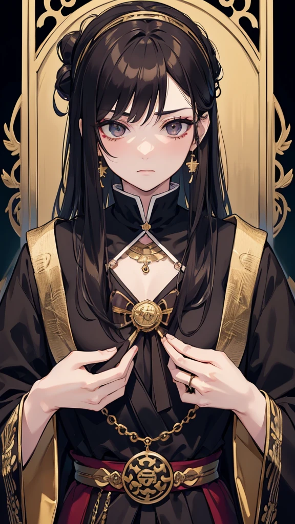 taisho period Japan woman, dark aesthetic, darkwave aesthetic, grunge aesthetic, eerie moorlands behind her, dark aesthetics, eerie thriller aesthetic, dark and moody aesthetic, ominous gothic aesthetic, goth aesthetic, gloomy style, medium length dirty brown hair, kimetsu no yaiba, wearing dark grunge gray clothes, really really short messy hair, gold accents. gold jewelry, gold dangly earrings, gold necklaces, gold bracelets, gold rings muscular, fancy, royalty, queen