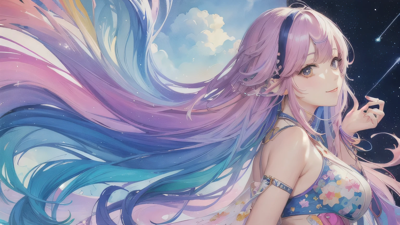 (masterpiece, Highest quality, Highest quality,watercolor (Moderate),Official Art, beautifully、beautiful:1.2),(One Girl:1.3), (Fractal Art:1.3),Upper Body, From the side, View your viewers,pattern,(Rainbow Hair,colorful hair,Half blue、Half pink hair:1.2),water,liquid, cloud,colorful, Starry Sky,performer,Large Breasts、smile