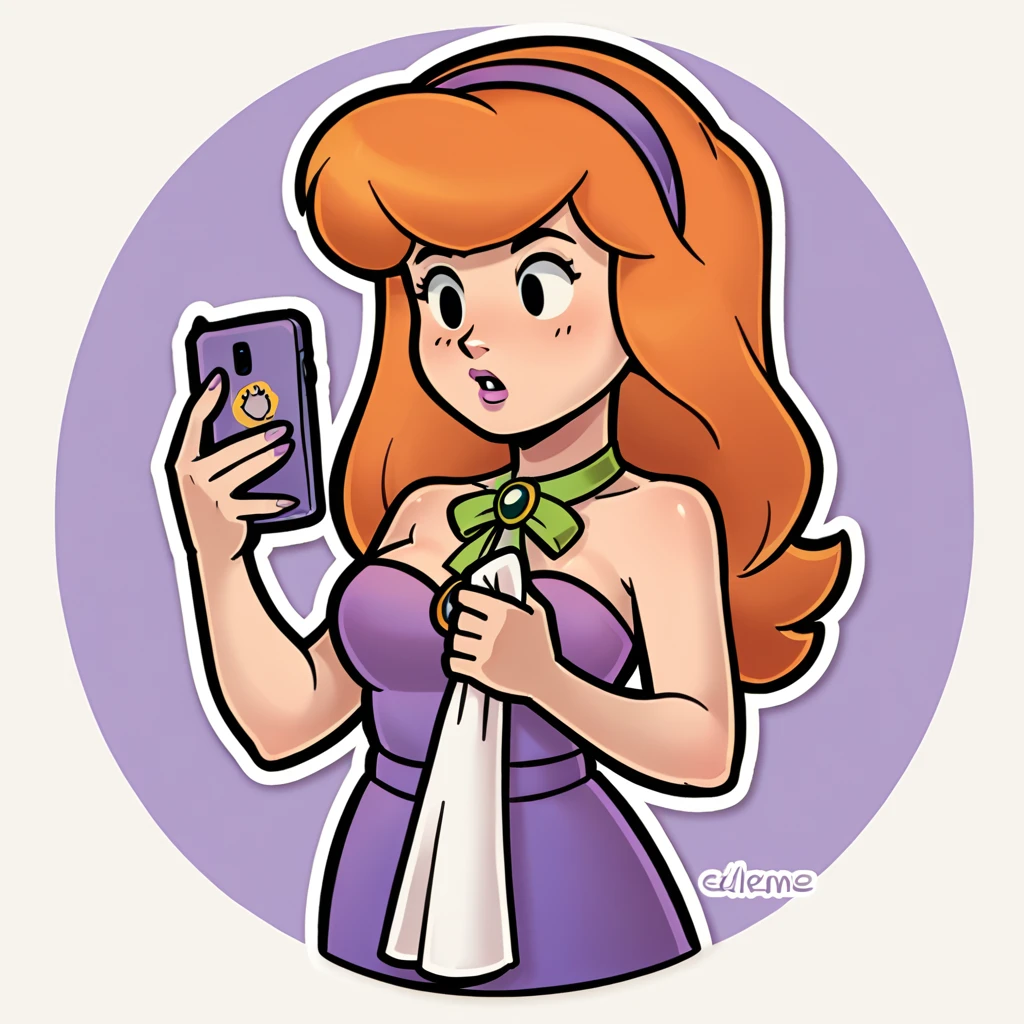 (score_9, score_8_up), daphne blake, wrapped in towel, medium breasts, holding phone