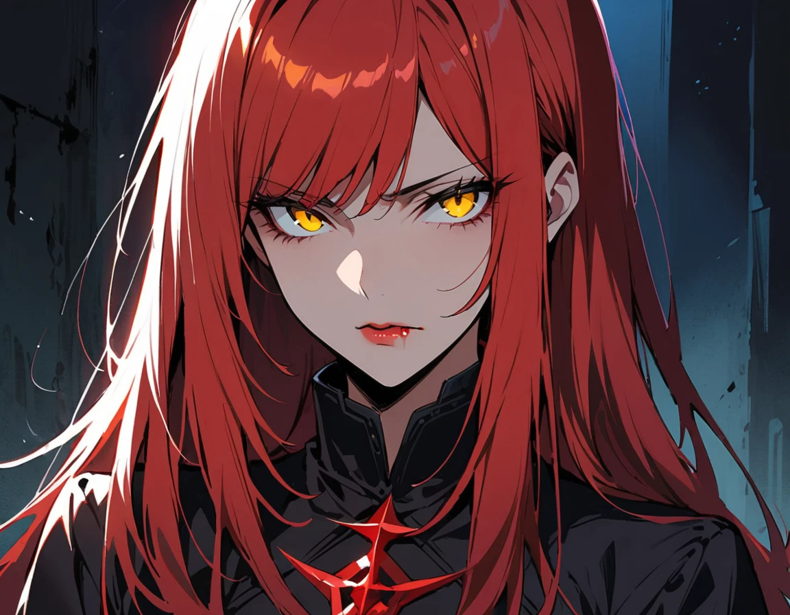 Long red hair, yellow eyes, evil, sexy, black and red clothes, cute hairstyle, evil face, evil, serious look, gloss lips, sinister, front look, bloody, gloves, (((half-body portrait))), beautiful eyes, short dress, big white, dark place, night, sensual, straight hair cut, clear skin, evil, young 30 years girl, adult girl, solo, red, very long hair, (((Older mature woman)))