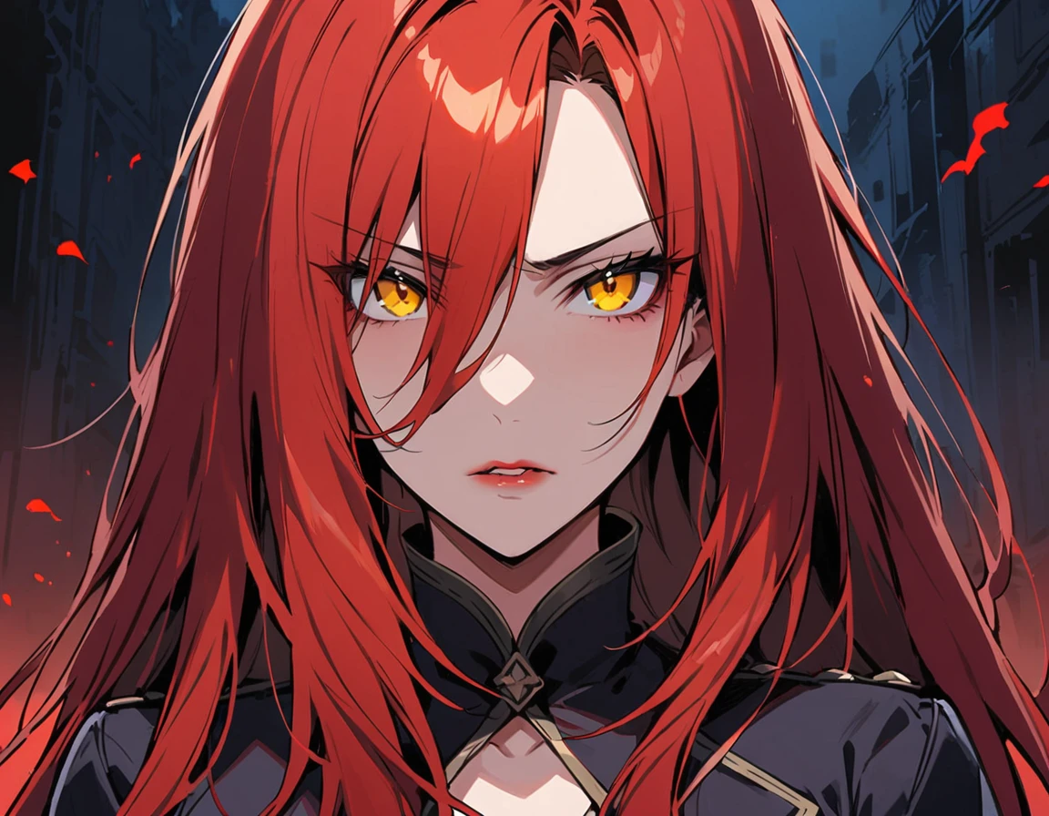 Long red hair, yellow eyes, evil, sexy, black and red clothes, cute hairstyle, evil face, evil, serious look, gloss lips, sinister, front look, bloody, gloves, (((half-body portrait))), beautiful eyes, short dress, big white, dark place, night, sensual, straight hair cut, clear skin, evil, young 30 years girl, adult girl, solo, red, very long hair, (((Older mature woman)))