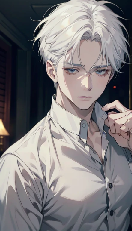 a mature man with pale skin, white hair, wearing a white shirt with bandages, blood visible, in a mysterious and romantic setting with soft lighting and soft focus, anime-style big breasts, impressionistic style, cinematic lighting, close-up, hyper HD, masterpiece, high details