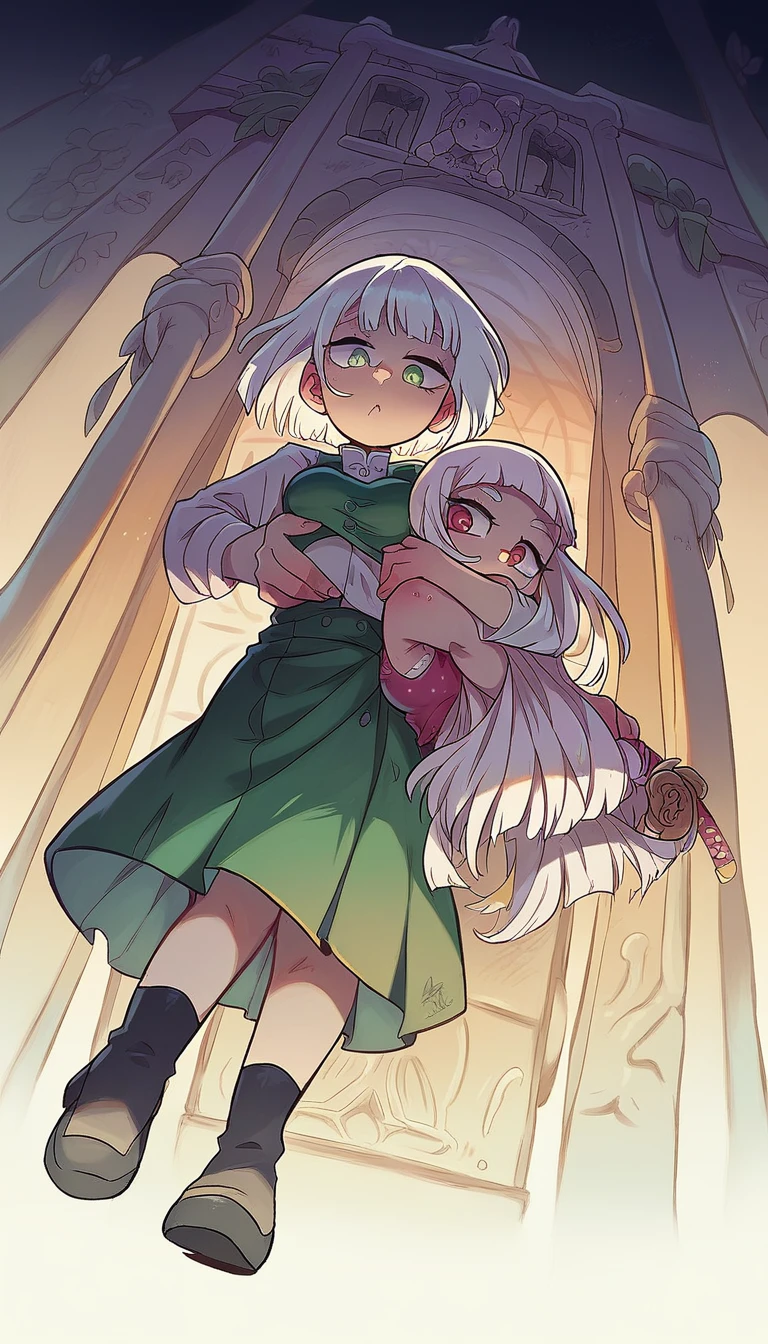 a age girl, temple guard, long white albino hair, her glitter green eye, she wears a white button-down blouse, underneath a short green button-down vest, a dark green maxi skirt with a black heel, carries a transparent katana.