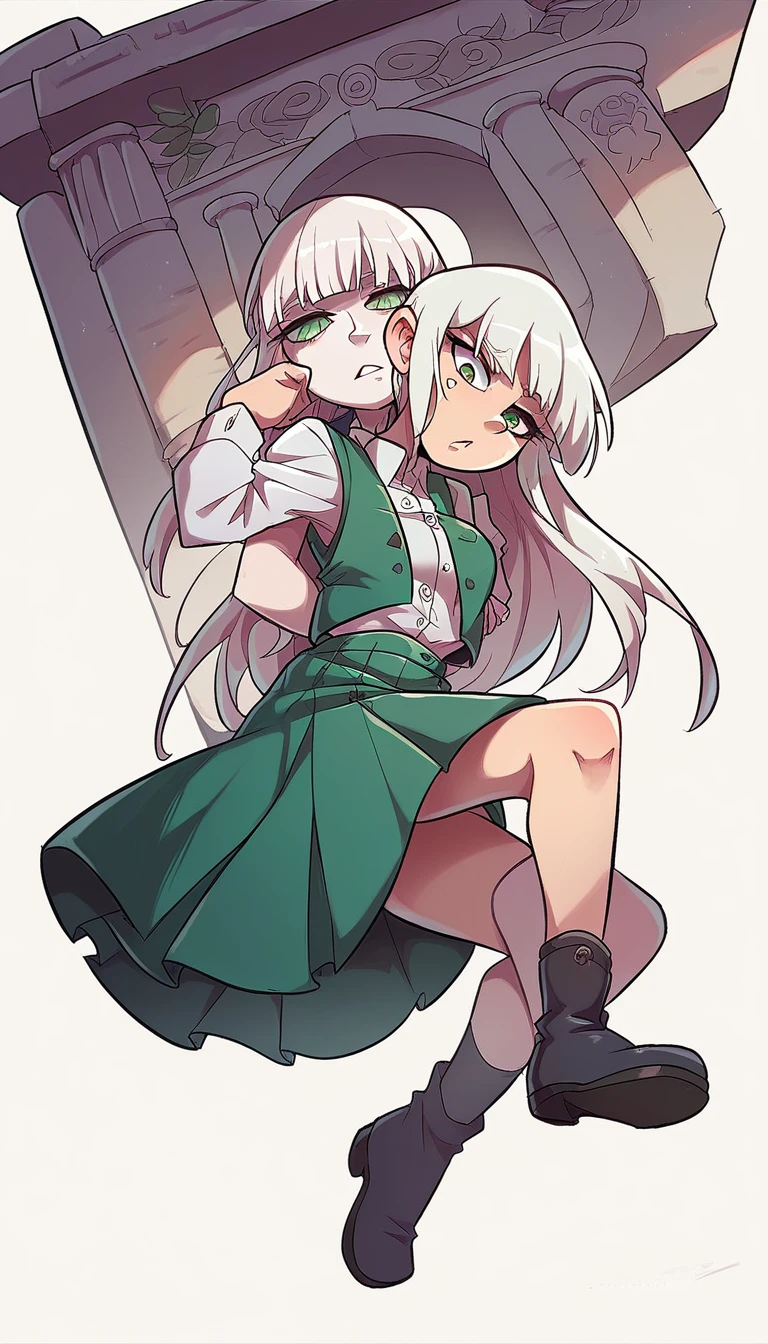 a age girl, temple guard, long white albino hair, her glitter green eye, she wears a white button-down blouse, underneath a short green button-down vest, a dark green maxi skirt with a black heel, carries a transparent katana.