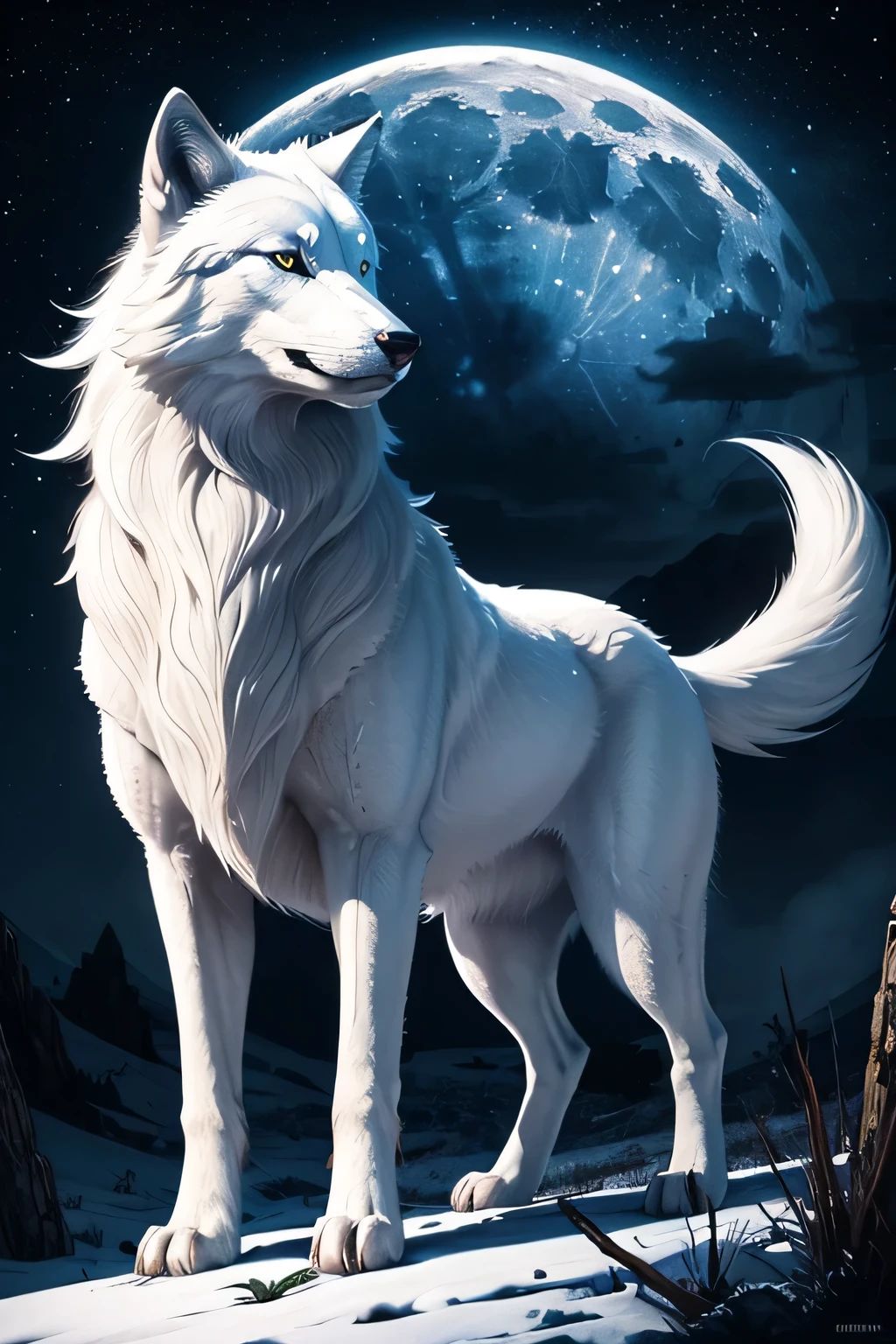 A majestic white female wolf stands proudly atop a picturesque hill, illuminated by the soft glow of the full moon. The sky above is a canvas of twinkling stars, adding to the enchanting and mystical atmosphere. In the backdrop, the moon shines brightly, casting long shadows below the wolf. Its piercing blue eyes gleam with an air of ancient wisdom, as it roars with a fierce energy that echoes across the night. The white fur on its body is meticulously detailed, glowing under the moonlight, showcasing the wolf's powerful physique and primal beauty. This captivating scene is a masterpiece of dark fantasy art, perfectly portraying
