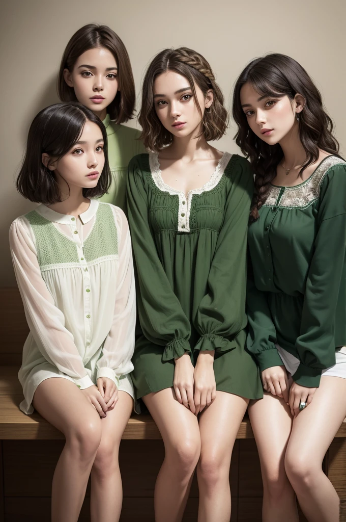 Four girls dressed in a green blouse with Camaçari written on it, a brunette girl with short braided hair, another light brunette girl with straight hair like short emo and another girl with short wavy white hair and another with voluminous white curly hair